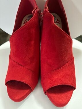Fergalicious Red Suede Peep-Toe Stiletto Booties